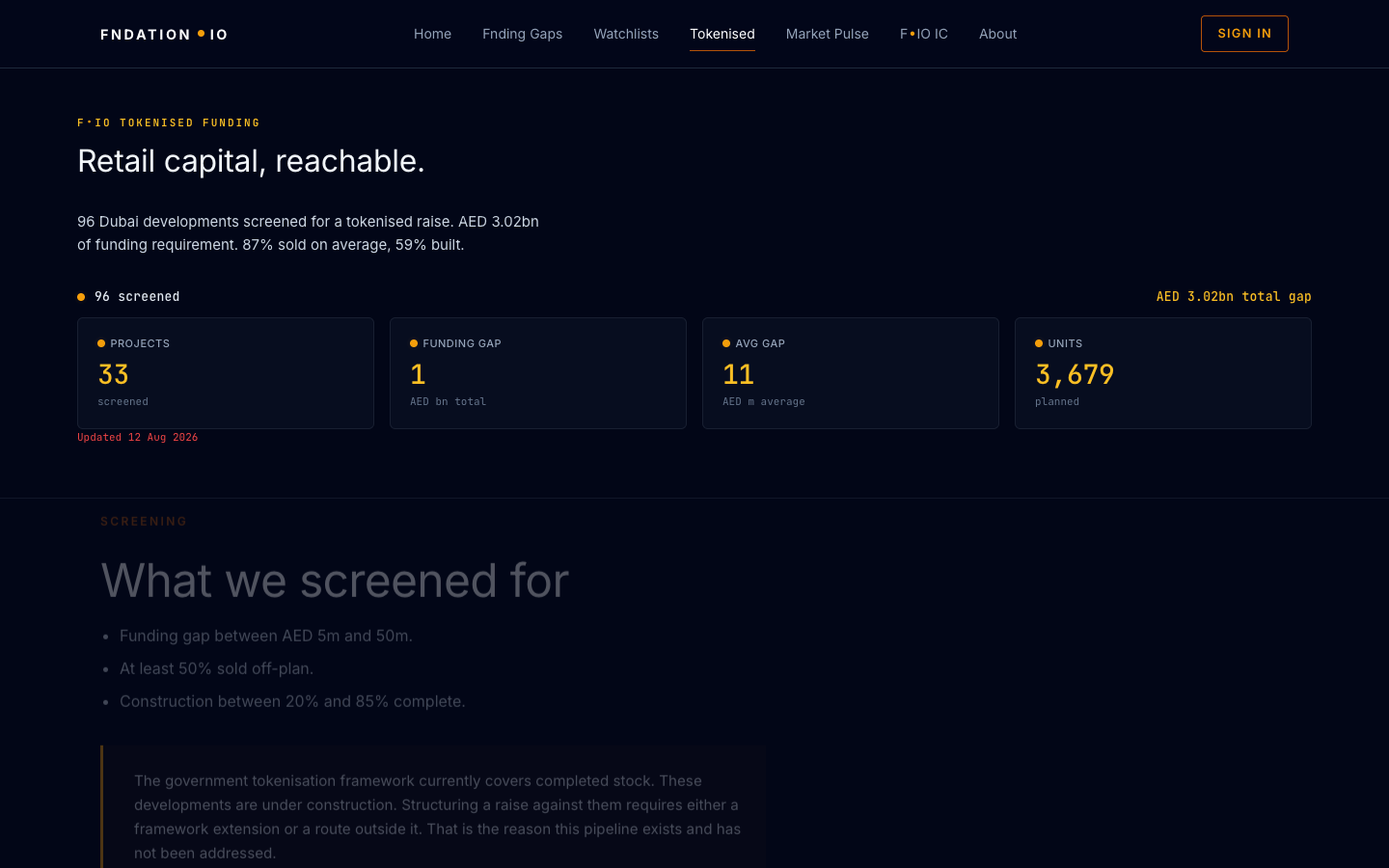 Tokenised: developments screened for a tokenised raise, with funding gap and units.